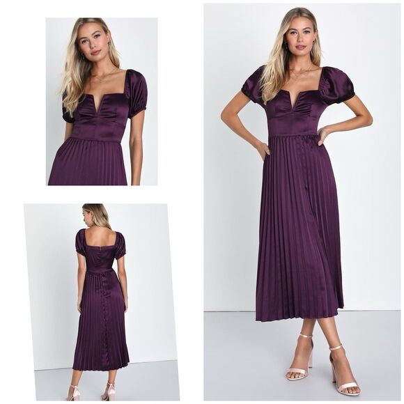 Lulus Flawless Forever Dress Women's L Dark Purple Midi Satin Pleated NWT - Picture 1 of 11